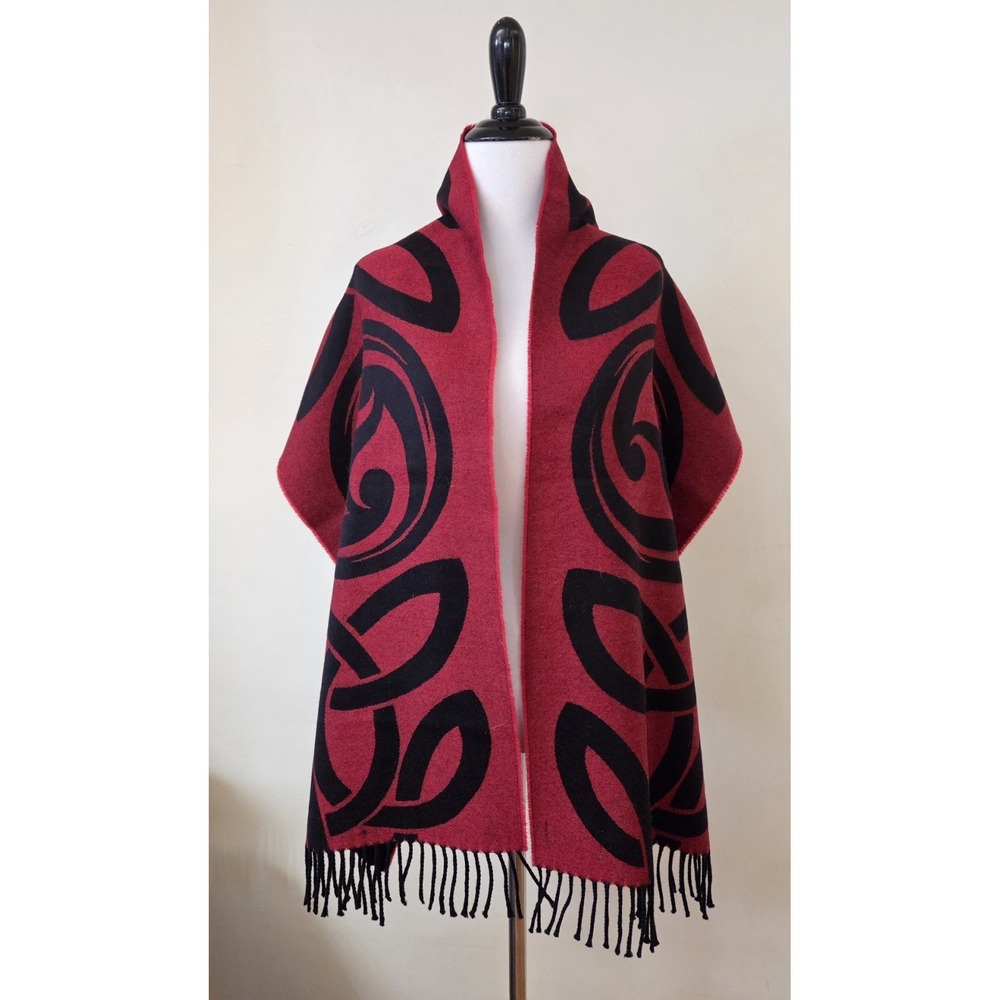 NWOT Peter James 100% Wool Red Black Scarf Wrap Art Wear Unisex Fringe 15x72 Rev